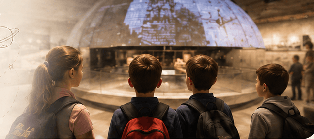 Enfants devant le dôme du Planétarium de La Coupole